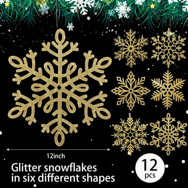 12 Pack Large Snowflakes Ornaments 12” Giant Glitter Decorative Hanging Snowflakes Plastic Oversized Christmas Snowflake Decorations with 164 Ft Nylon Thread for Indoor Outdoor Decor